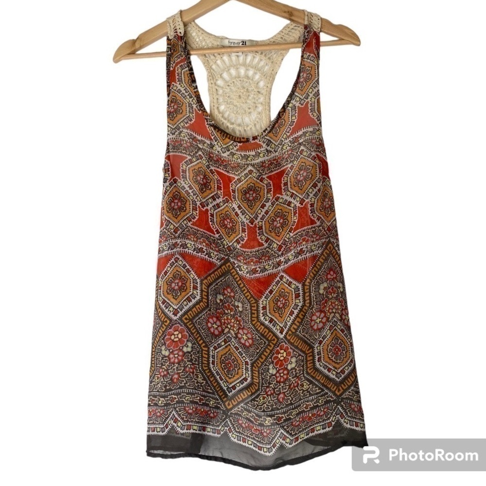 VINTAGE FOREVER 21 SLEEVELESS BOHEMIAN BLOUSE WITH KNITTED BACKING